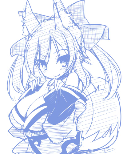 1girl animal_ears bare_shoulders bow breasts caster_(fate/extra) cleavage detached_sleeves fate/extra fate_(series) fox_ears fox_tail hair_bow hair_ribbon japanese_clothes kurikara lowres monochrome ribbon sketch solo tail twintails