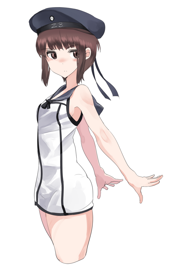 1girl adapted_costume alternate_color bare_arms bare_shoulders brown_eyes brown_hair clothes_writing cropped_legs fujibejifu hat kantai_collection machinery neckerchief no_bra payot sailor_collar sailor_hat short_hair simple_background sleeveless solo turret white_background z3_max_schultz_(kantai_collection)