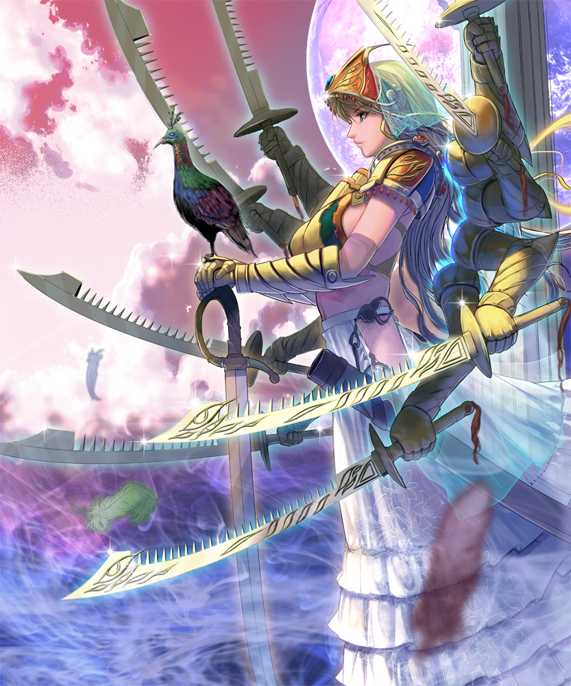 1girl armor armored_dress bird blonde_hair blue_eyes breastplate breasts disembodied_limb extra_arms fantasy feathers forehead_protector gauntlets lips long_hair long_skirt masao midriff moon nose octuple_wielding original peacock planted_sword planted_weapon profile quadruple_wielding scabbard sheath sideboob skirt solo standing sword veil weapon