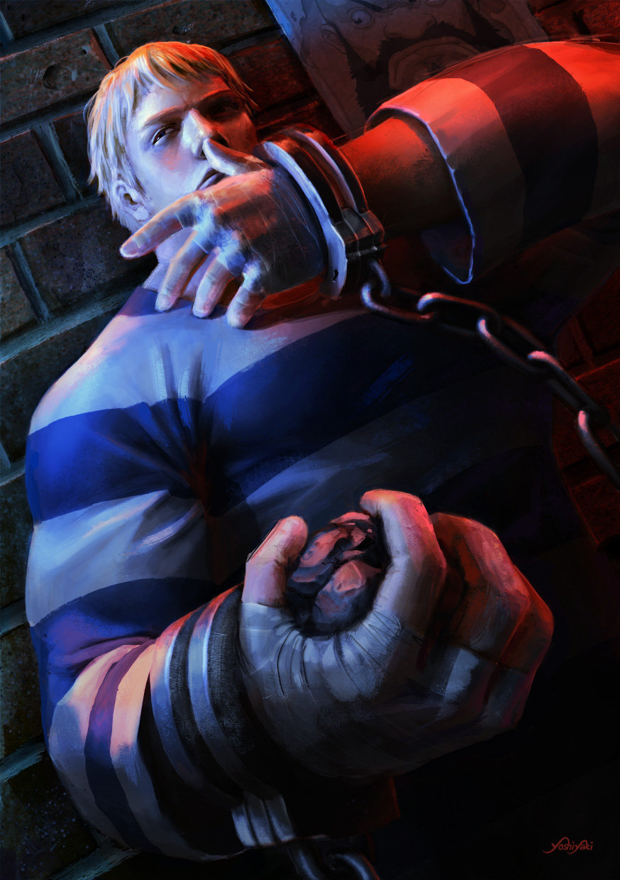 1boy against_wall bandages blonde_hair brick_wall cameo cassio_yoshiyaki cody_travers cuffs dutch_angle handcuffs highres nose poster_(object) prison_clothes rock solo street_fighter street_fighter_iv wrist_wraps zangief