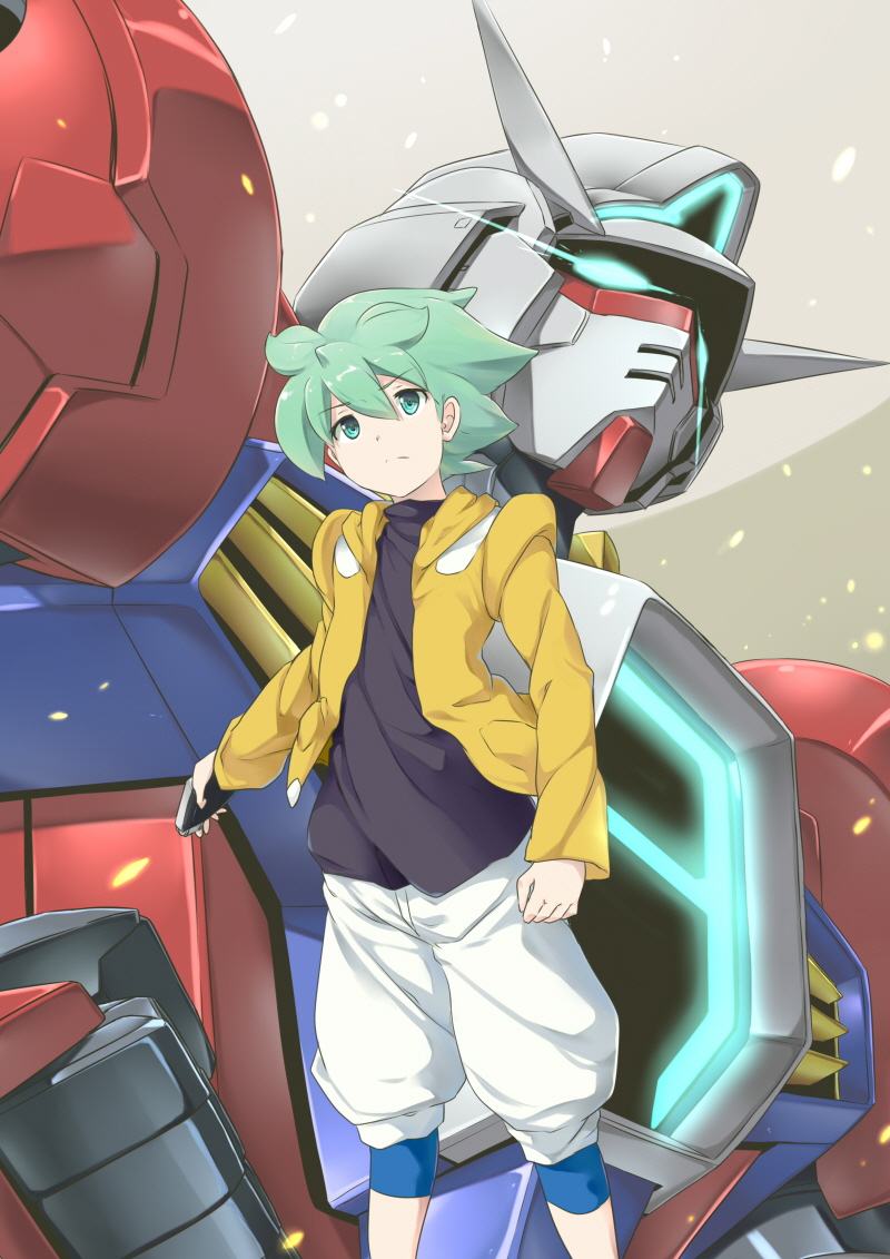 1boy aqua_eyes aqua_hair electriccross flit_asuno gundam gundam_age gundam_age-1 gundam_age-1_titus jacket male mecha shorts solo