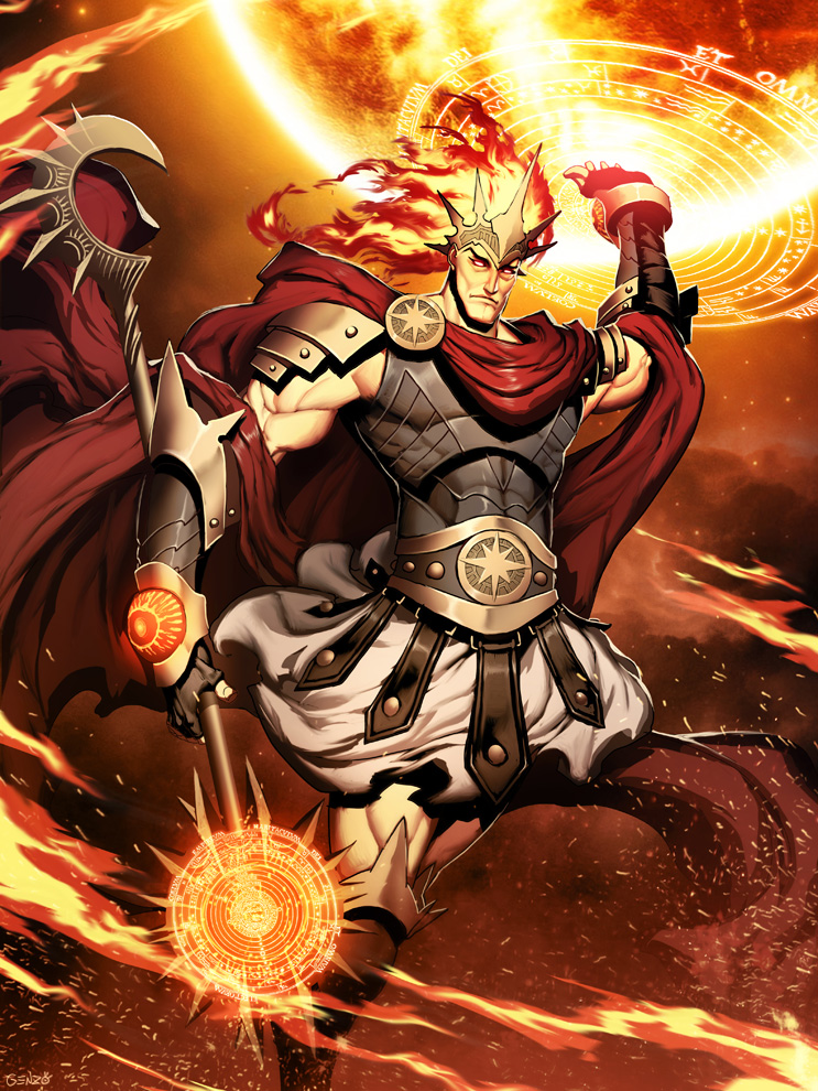 1boy armor cape crown fiery_hair fingerless_gloves fire genzoman gloves glowing glowing_eyes god greek_mythology helios magic magic_circle male muscle red_cape shoulder_pads solo sparks spikes staff sun vambraces