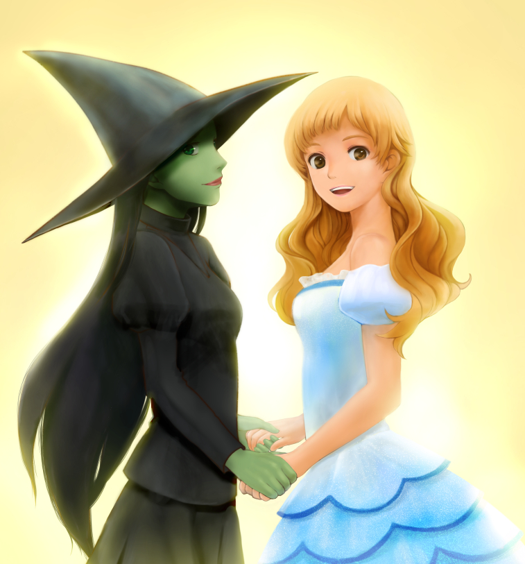 2girls :d bare_shoulders black_hair blonde_hair dress elphaba glinda gown green_eyes green_skin hat holding_hands long_hair multiple_girls open_mouth puffy_short_sleeves puffy_sleeves short_sleeves smile tsubu wicked witch witch_hat yellow_eyes