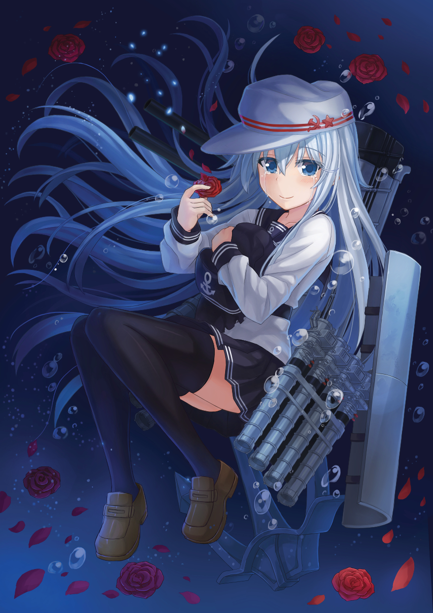 1girl anchor aqua_hair black_legwear black_skirt blue_hair bubble crying crying_with_eyes_open flat_cap flower hammer_and_sickle hat hat_hug hibiki_(kantai_collection) highres kantai_collection knees_together_feet_apart loafers long_hair long_sleeves looking_at_viewer machinery neckerchief npcpepper pleated_skirt red_rose rose sailor_collar school_uniform serafuku shoes skirt smile solo tears thigh-highs underwater verniy_(kantai_collection)