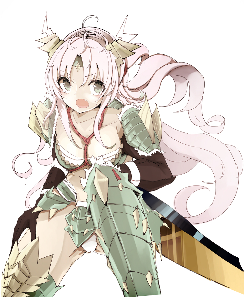 1girl ahoge armor black_gloves blush elbow_gloves fafas68 fang gloves green_eyes green_legwear hairband horns leaning leaning_forward long_hair monster_hunter open_mouth panties pink_hair rope simple_background sitting solo tears thigh-highs underwear very_long_hair white_background white_panties zinogre_(armor)