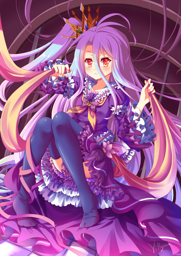 1girl crown embellished_costume frilled_skirt frilled_sleeves frills long_hair no_game_no_life orange_eyes shiro_(no_game_no_life) side_ponytail skirt thigh-highs too_many_frills very_long_hair villyane