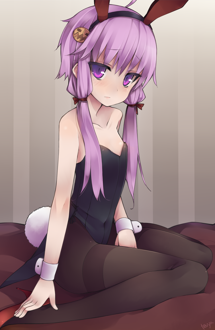 1girl animal_ears bare_shoulders black_legwear blush bunny_tail bunnysuit collarbone fake_animal_ears flat_chest long_hair looking_at_viewer pantyhose purple_hair rabbit_ears signature sitting solo tail tanyatonya thighband_pantyhose twintails violet_eyes vocaloid wariza wrist_cuffs yuzuki_yukari