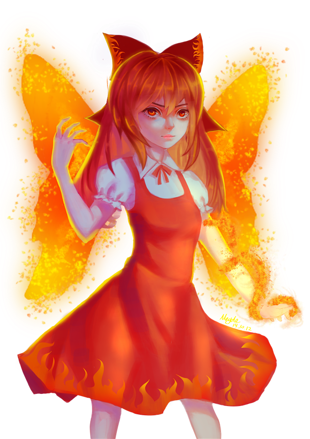 achi_cirno alternate_color alternate_element artist_name backlighting bow cirno cowboy_shot dated dress embers fiery_wings fire frown hair_bow lips looking_at_viewer meyde nose puffy_short_sleeves puffy_sleeves red_eyes redhead short_sleeves signature simple_background touhou transparent_background wings