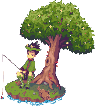 1boy animal animal_on_head bird black_hair boots dog fishing fishing_rod gon_freecss grass hunter_x_hunter lowres male_focus mushroom outdoors pixel_art shorts simple_background sitting smile solo spiky_hair staticwind transparent_background tree water