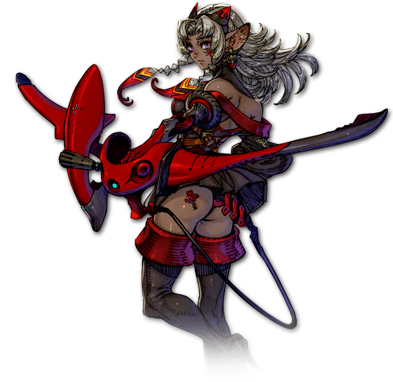 1girl animal_ears armor arrow ass bare_shoulders belt black_dress black_legwear black_panties boots bow_(weapon) braid breasts bridal_gauntlets cleavage cross dark_skin dress earrings facial_mark from_behind fujisaka_kimihiko gaiga_(terra_battle) grey_hair hair_intakes hair_ornament hairband high_heel_boots high_heels holding holding_weapon horns jewelry leg_up lips long_hair looking_back mechanical_arm off_shoulder official_art panties short_dress solo tail tattoo terra_battle thigh-highs thigh_boots transparent_background twin_braids underwear violet_eyes weapon