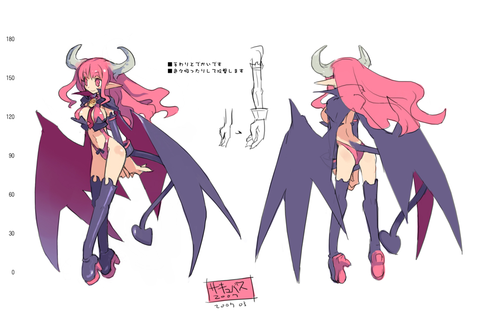 2007 2girls arm_warmers black_legwear boots concept_art demon_girl disgaea dual_persona harada_takehito height_chart horns long_hair multiple_girls necktie official_art pink_eyes pink_hair pointy_ears revealing_clothes smile succubus_(disgaea) tail thigh-highs thigh_boots white_background wings