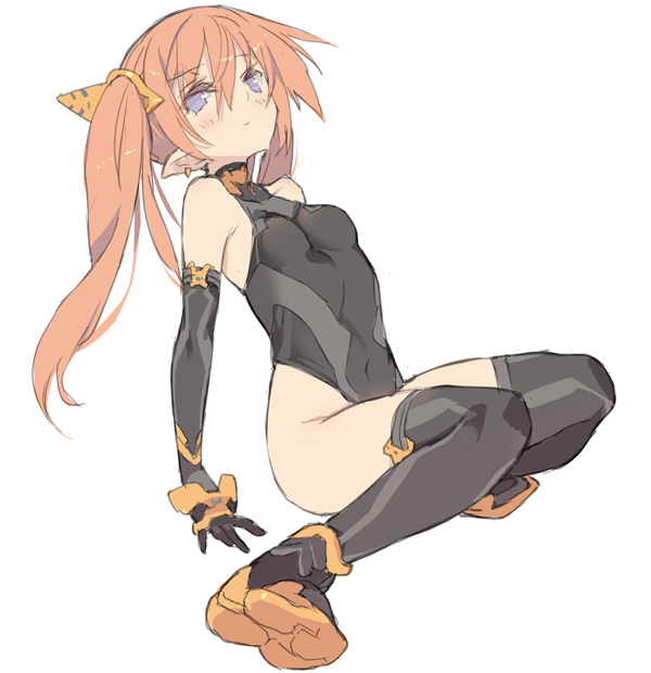 1girl arm_support blade_(galaxist) boots character_request earrings elbow_gloves gloves grey_eyes hair_ornament jewelry leotard long_hair orange_hair pointy_ears sitting solo thighhighs twintails