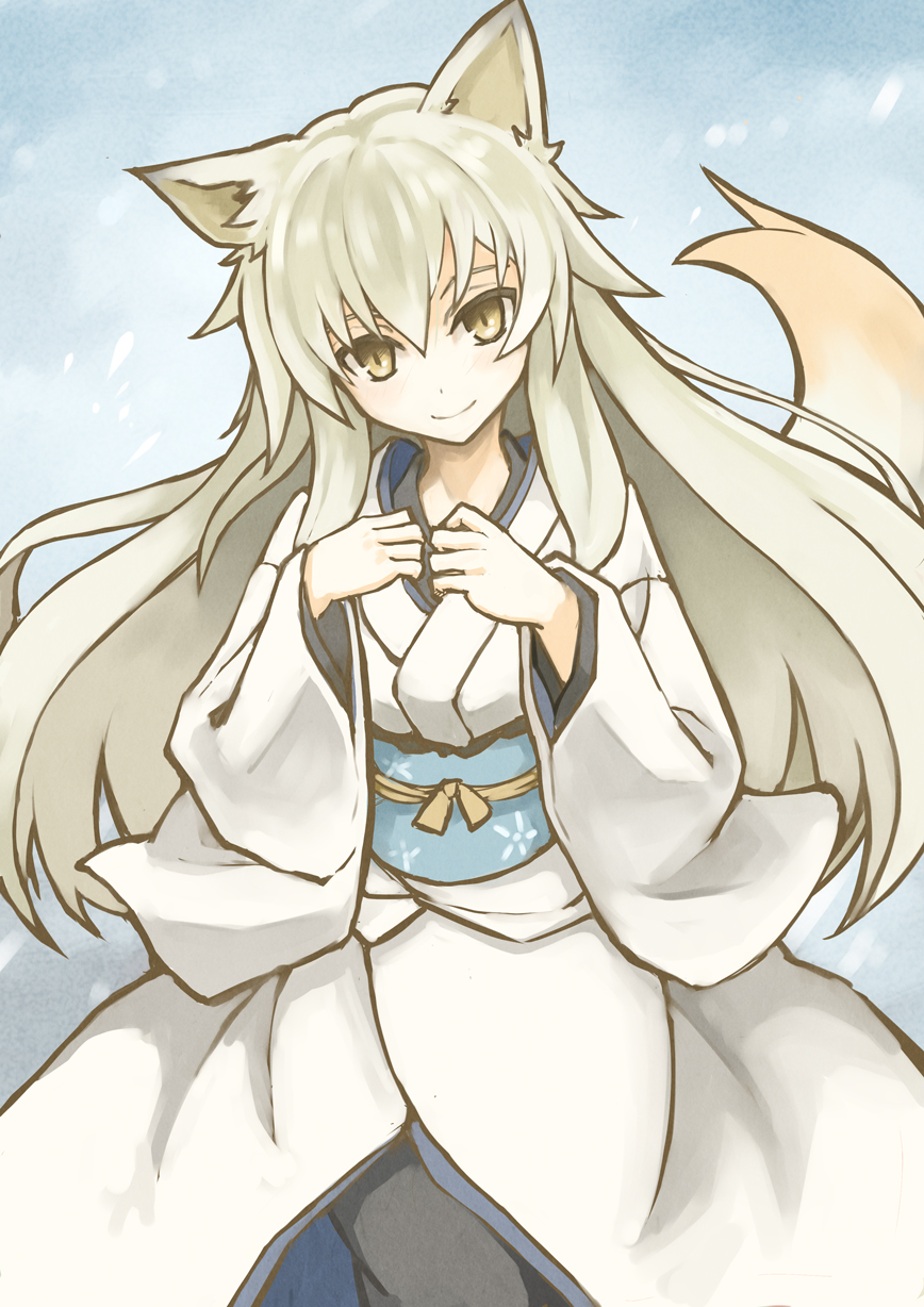 1girl animal_ears blue_background hands_on_own_chest highres ichi_hachi_rei_rei japanese_clothes kimono long_hair looking_at_viewer obi original sash smile snow solo tail wolf_ears wolf_tail yellow_eyes