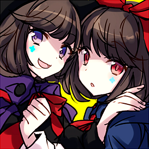2girls :d :o bow brown_hair cape facial_mark hairband hand_on_another's_shoulder hat long_sleeves looking_at_viewer lowres mitan_ake multiple_girls open_mouth red_eyes rikken_(terra_battle) short_hair siblings simple_background sisters smile terra_battle twins violet_eyes witch_hat yellow_background yukken_(terra_battle)