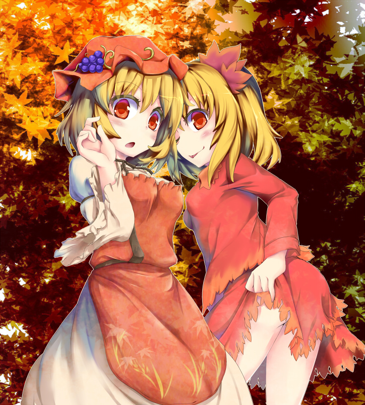 2girls aki_minoriko aki_shizuha ass autumn autumn_leaves blonde_hair breasts dress food food_on_head from_behind fruit grapes killing leaf leaf_on_head long_sleeves maple_leaf mob_cap multiple_girls object_on_head open_mouth red_eyes shirt short_hair siblings sisters skirt skirt_lift tongue tongue_out touhou