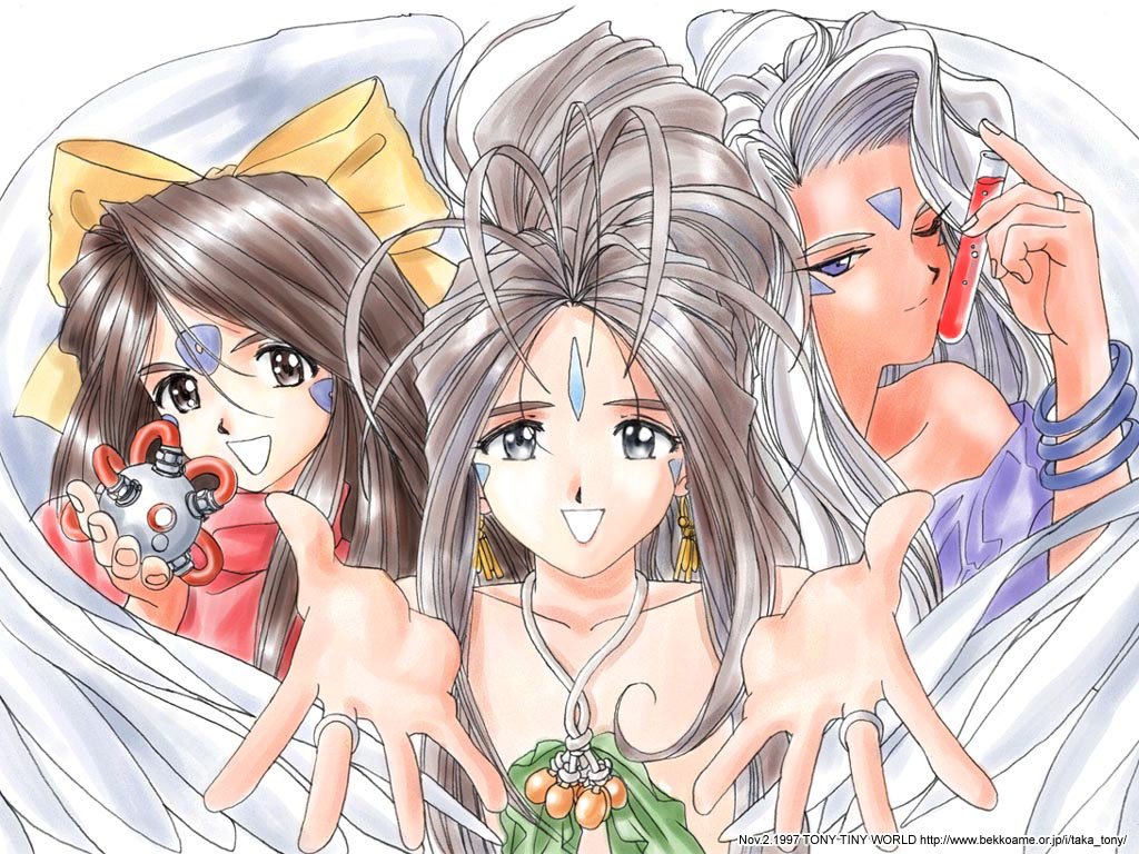 1997 3girls :d aa_megami-sama bare_shoulders belldandy blue_eyes bracelet brown_hair collarbone dark_skin dated facial_mark forehead_mark grey_eyes happy jewelry long_hair multiple_girls one_eye_closed open_mouth ponytail ribbon ring skuld smile taka_tony tanaka_takayuki test_tube urd wallpaper watermark web_address white_hair