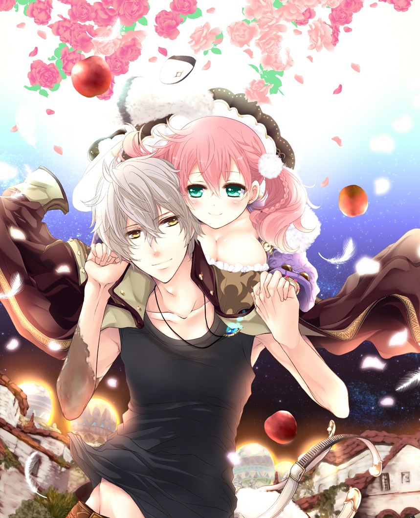 1boy 1girl amiko_(frostedchocolate) apple atelier_(series) atelier_escha_&amp;_logy braid breasts cleavage couple escha_malier feathers flower food fruit green_eyes hetero holding_hands jacket jewelry logix_ficsario necklace pink_hair pink_rose rose scar shirt short_hair short_twintails skirt smile twintails white_hair yellow_eyes