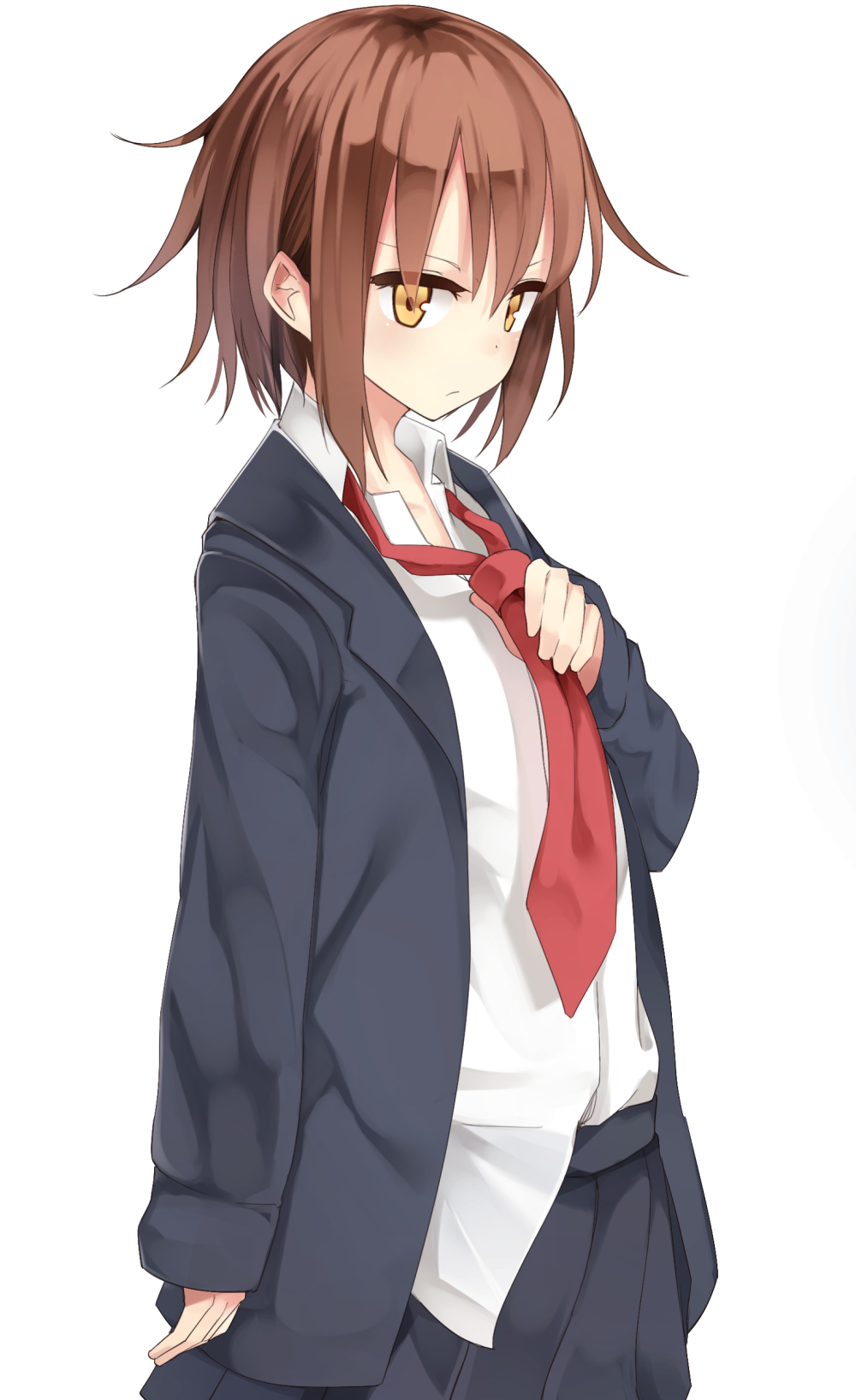 1girl black_skirt blazer brown_hair collared_shirt haegiwa highres kantai_collection looking_at_viewer necktie oversized_clothes school_uniform short_hair simple_background skirt sleeves_past_wrists solo untucked_shirt wakaba_(kantai_collection) white_background