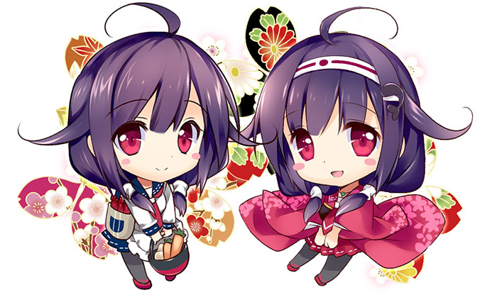 2girls :d ahoge blush_stickers dual_persona hairband kantai_collection long_hair low_twintails multiple_girls muneate open_mouth pleated_skirt purple_hair red_eyes rei_(rei's_room) ryuuhou_(kantai_collection) school_uniform serafuku skirt smile taigei_(kantai_collection) twintails whale_hair_ornament