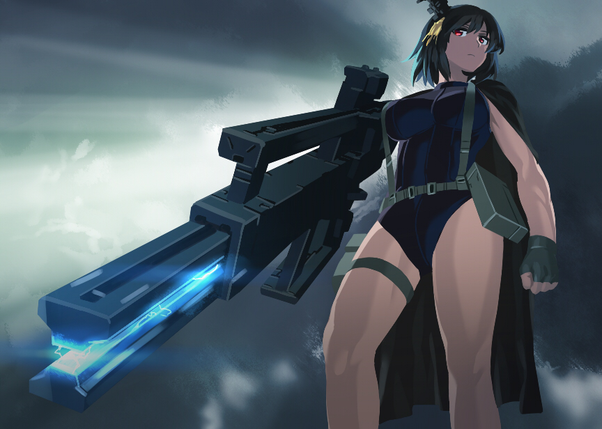 1girl black_hair blew_andwhite breasts clouds commentary_request cosplay fingerless_gloves fortune_(metal_gear) fortune_(metal_gear)_(cosplay) from_behind gloves jacket_on_shoulders kantai_collection leotard metal_gear_(series) metal_gear_solid_2 railgun red_eyes short_hair sky solo standing thigh_strap weapon yamashiro_(kantai_collection)