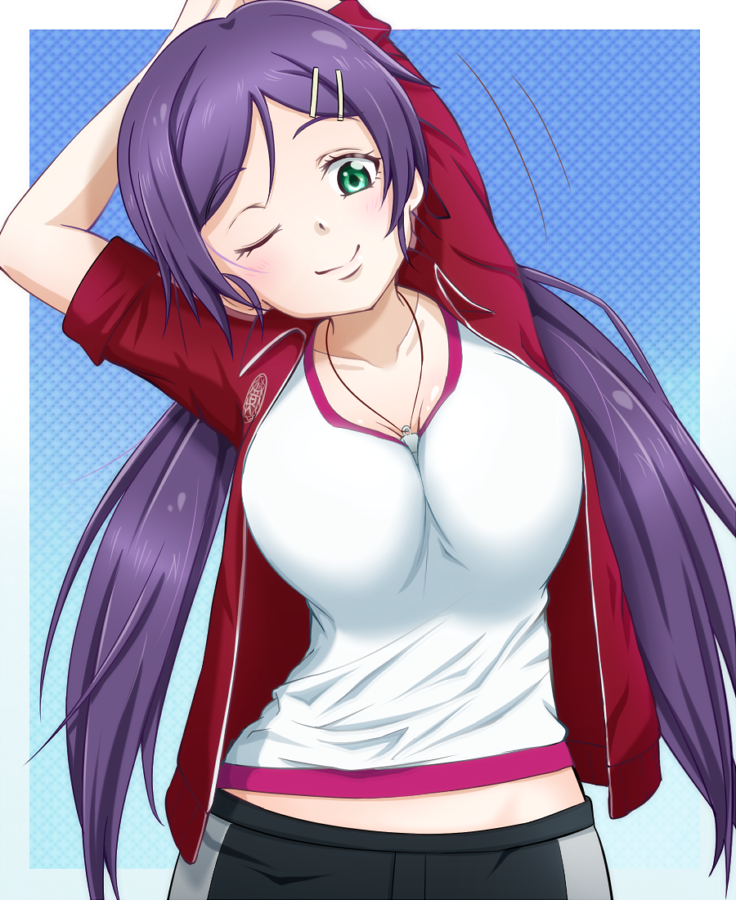 1girl akanerun aqua_eyes breasts hair_ornament hairclip large_breasts long_hair love_live!_school_idol_project purple_hair smile solo toujou_nozomi twintails winking