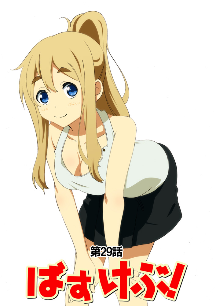 1girl blonde_hair blue_eyes breasts casual cleavage hiro_23_kura k-on! kotobuki_tsumugi long_hair ponytail