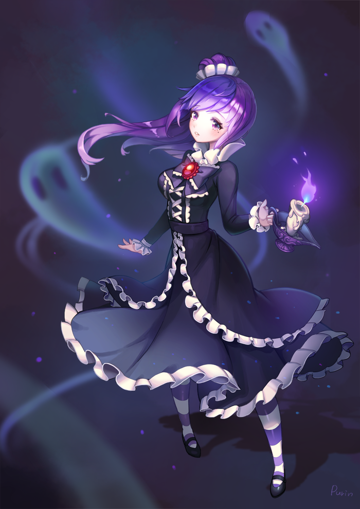 1girl artist_name black_dress blackberry_cookie blush bow candle cookie_run dress long_hair long_sleeves mole mole_under_eye parted_lips purin_(dillahooni) purple_hair side_ponytail solo striped striped_legwear vertical-striped_legwear vertical_stripes violet_eyes