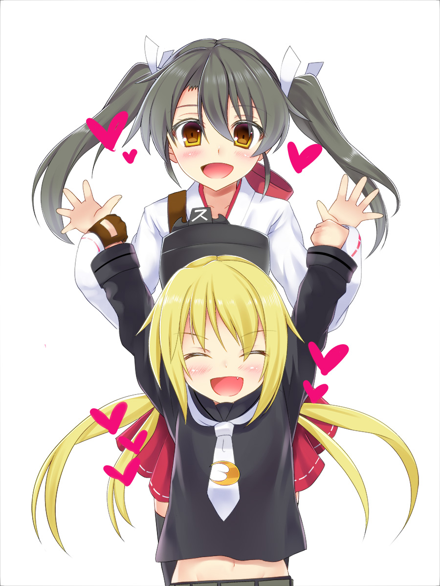 2girls :d ^_^ arms_up blonde_hair blush brown_eyes bust closed_eyes crescent fang grey_hair hair_ribbon hakama_skirt heart highres japanese_clothes kantai_collection long_sleeves looking_at_viewer low_twintails midriff multiple_girls muneate neckerchief okuri_banto open_mouth pleated_skirt red_skirt ribbon sailor_collar satsuki_(kantai_collection) school_uniform serafuku simple_background single_glove skirt smile twintails white_background white_ribbon yugake zuikaku_(kantai_collection)