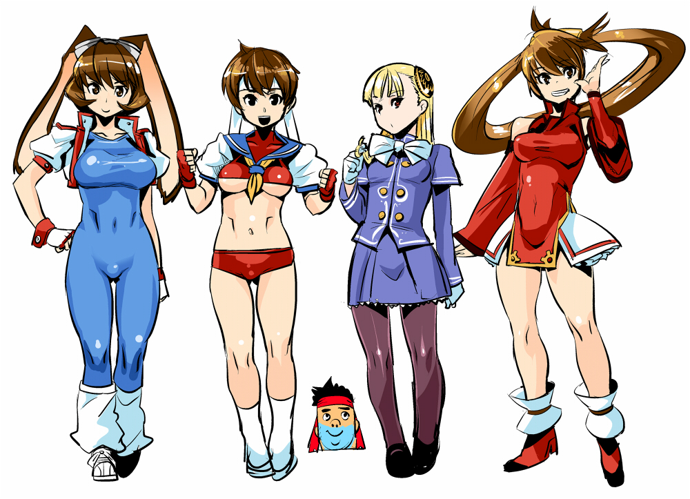 4girls adapted_costume animal_ears ankle_boots bangs blonde_hair blunt_bangs bodysuit boots bow breasts brown_eyes brown_hair buruma capcom_fighting_jam china_dress chinese_clothes covered_navel crop_top cropped_jacket crossover detached_sleeves fingerless_gloves flipped_hair gloves goggles goggles_on_head guilty_gear hair_ring hairpods halter_top halterneck hand_on_hip headband ingrid kasugano_sakura kuradoberi_jam large_breasts leg_warmers long_hair makihara_arina midriff multiple_crossover multiple_girls navel pantyhose puffy_short_sleeves puffy_sleeves rabbit_ears red_eyes ryao ryuu_(street_fighter) sailor_collar shoes short_hair short_sleeves skin_tight skirt skirt_set small_breasts sneakers socks standing street_fighter taut_clothes twintails under_boob very_long_hair waku_waku_7 white_gloves