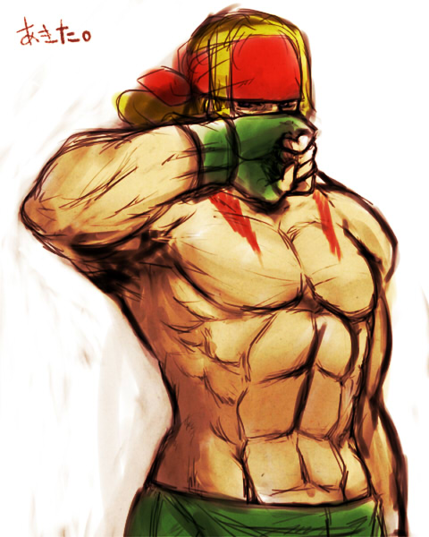 1boy abs alex_(street_fighter) blonde_hair fingerless_gloves frogcage gloves headband long_hair muscle shirtless solo street_fighter wiping_mouth