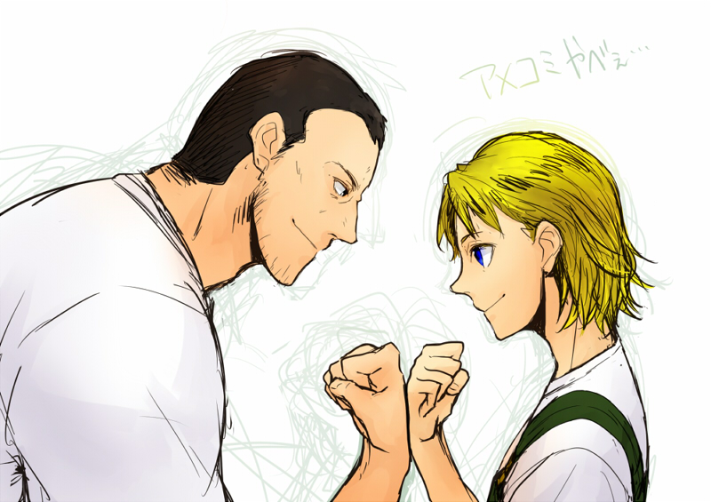2boys alex_(street_fighter) blonde_hair blue_eyes facial_hair fist_bump frogcage multiple_boys overalls short_hair smile street_fighter street_fighter_iii stubble t-shirt tom_(street_fighter) younger