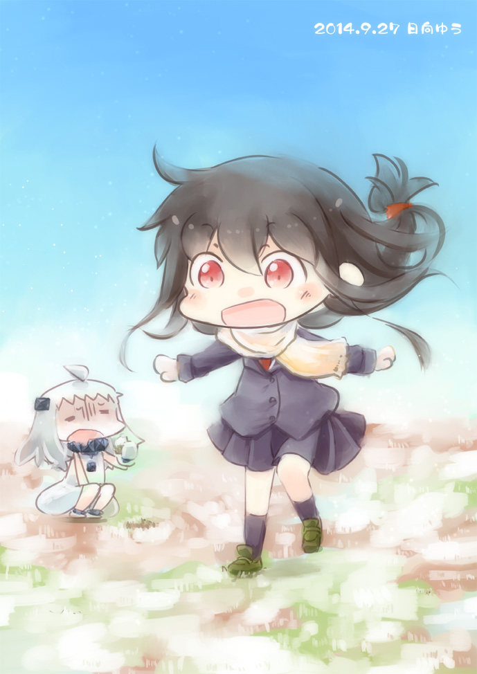 2girls :d ahoge black_hair chibi hatsushimo_(kantai_collection) hinata_yuu horns kantai_collection long_hair mittens multiple_girls necktie northern_ocean_hime open_mouth outstretched_arms pale_skin pleated_skirt red_eyes scarf school_uniform shinkaisei-kan skirt smile spread_arms white_hair