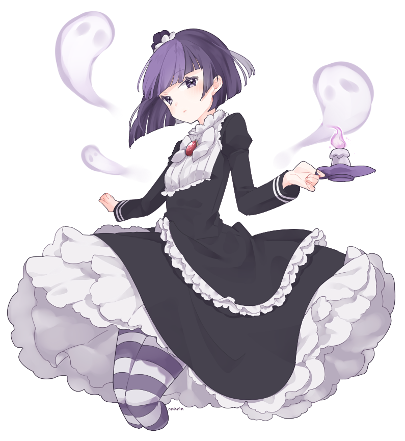 1girl artist_name black_dress blackberry_cookie candle cookie_run dress ghost marin_(myuy_3) pantyhose purple_hair short_hair simple_background solo striped striped_legwear violet_eyes white_background