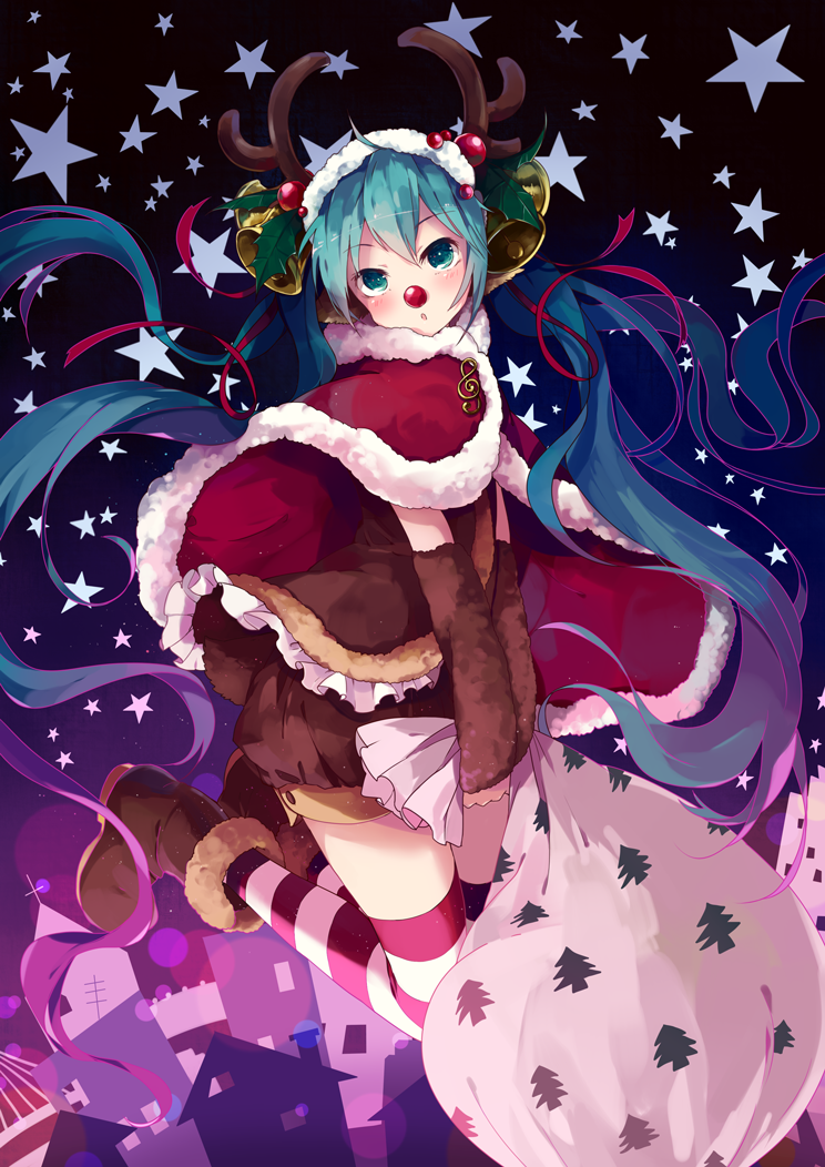 1girl animal_costume antlers aqua_hair bell boots cape christmas detached_sleeves green_eyes hair_bell hair_ornament hatsune_miku kneeling long_hair night red_nose reindeer_antlers reindeer_costume sack shuzi solo star striped striped_legwear thigh-highs twintails very_long_hair vocaloid