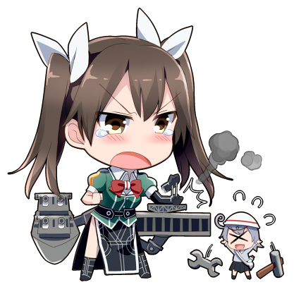 &gt;:o &gt;_&lt; 2girls :d :o chibi fairy_(kantai_collection) gochou_(atemonai_heya) hair_ribbon kantai_collection lowres machinery multiple_girls open_mouth ribbon school_uniform size_difference smile tears tone_(kantai_collection) twintails xd