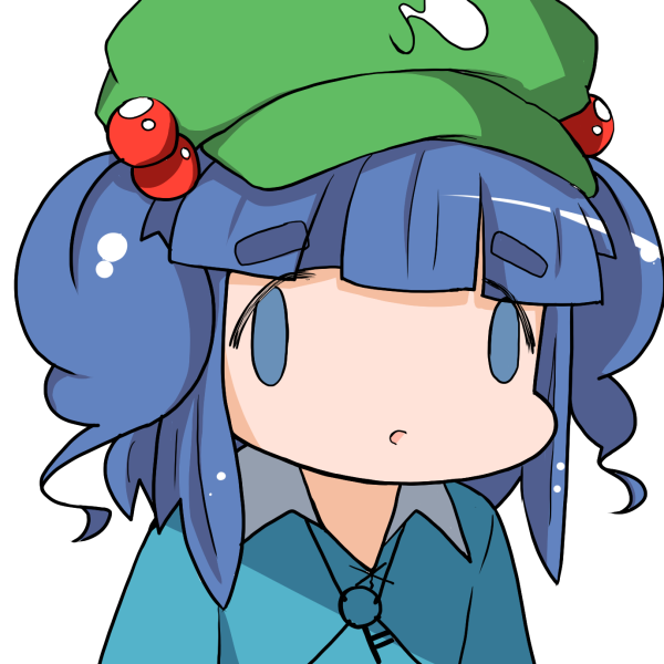 1girl ai_mai_mii blue_eyes blue_hair blue_shirt bust face_of_the_people_who_sank_all_their_money_into_the_fx flanvia hair_bobbles hair_ornament hat kawashiro_nitori key long_sleeves open_mouth parody shirt short_hair simple_background solo style_parody touhou twintails white_background