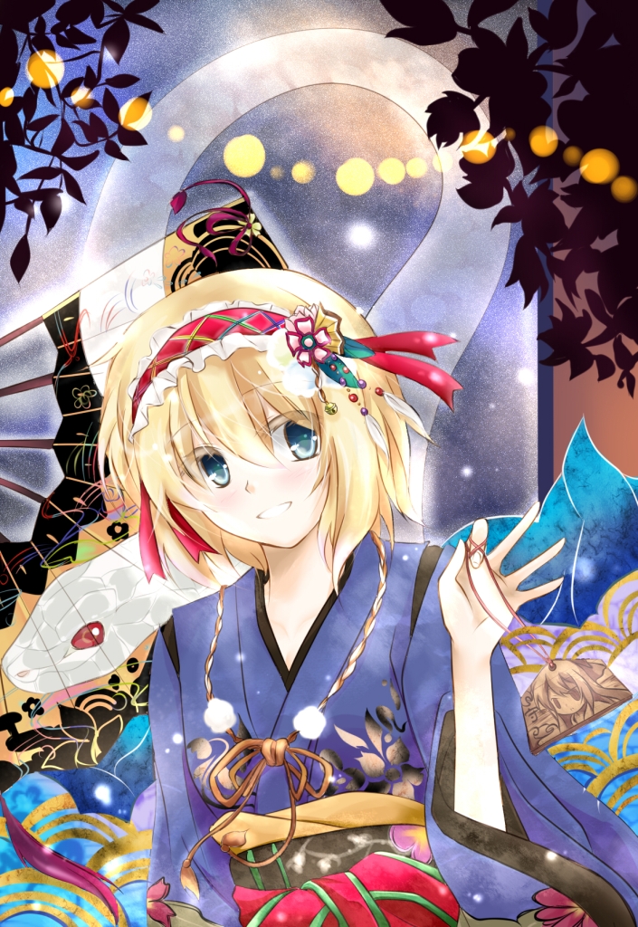 1girl alice_margatroid blonde_hair blue_eyes faech fan folding_fan japanese_clothes kimono lights long_sleeves looking_to_the_side parted_lips silhouette smile snake solo space spirit tagme teeth touhou tree wide_sleeves