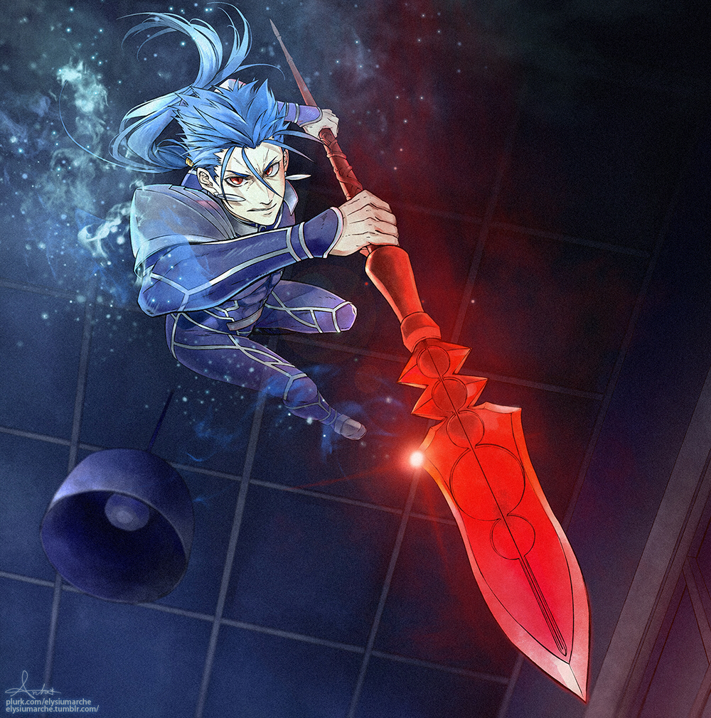 1boy blue_hair community666 fate/stay_night fate_(series) gae_bolg lancer long_hair polearm ponytail red_eyes solo spear weapon