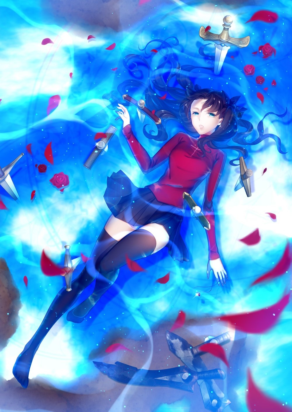 1girl arkray black_hair black_legwear blue_eyes fate/stay_night fate_(series) hair_ribbon highres long_hair partially_submerged planted_sword planted_weapon ribbon solo sword thigh-highs tohsaka_rin toosaka_rin two_side_up weapon