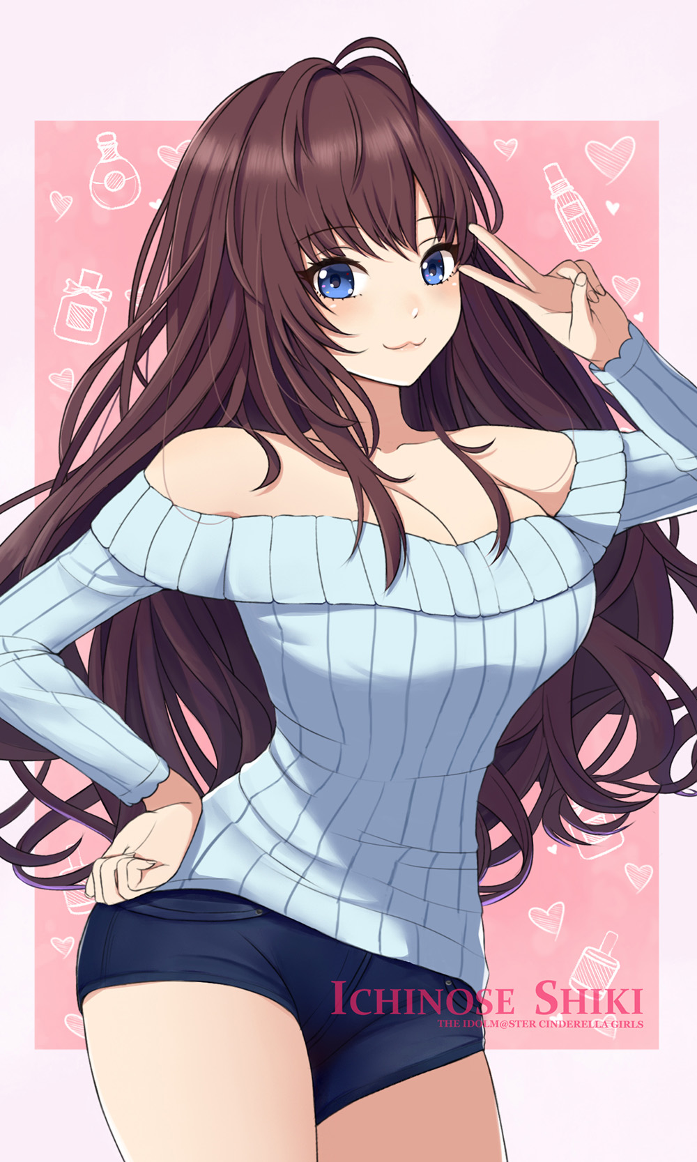 1girl :3 ahoge bangs bare_shoulders blue_eyes blue_sweater bottle breasts brown_hair character_name cleavage denim denim_shorts eyebrows_visible_through_hair fou_zi hand_gesture hand_on_hip heart highres hips ichinose_shiki idolmaster idolmaster_cinderella_girls large_breasts long_hair looking_at_viewer off-shoulder_sweater off_shoulder perfume_bottle pink_background ribbed_sweater shorts smile solo sweater thighs v wavy_hair white_border