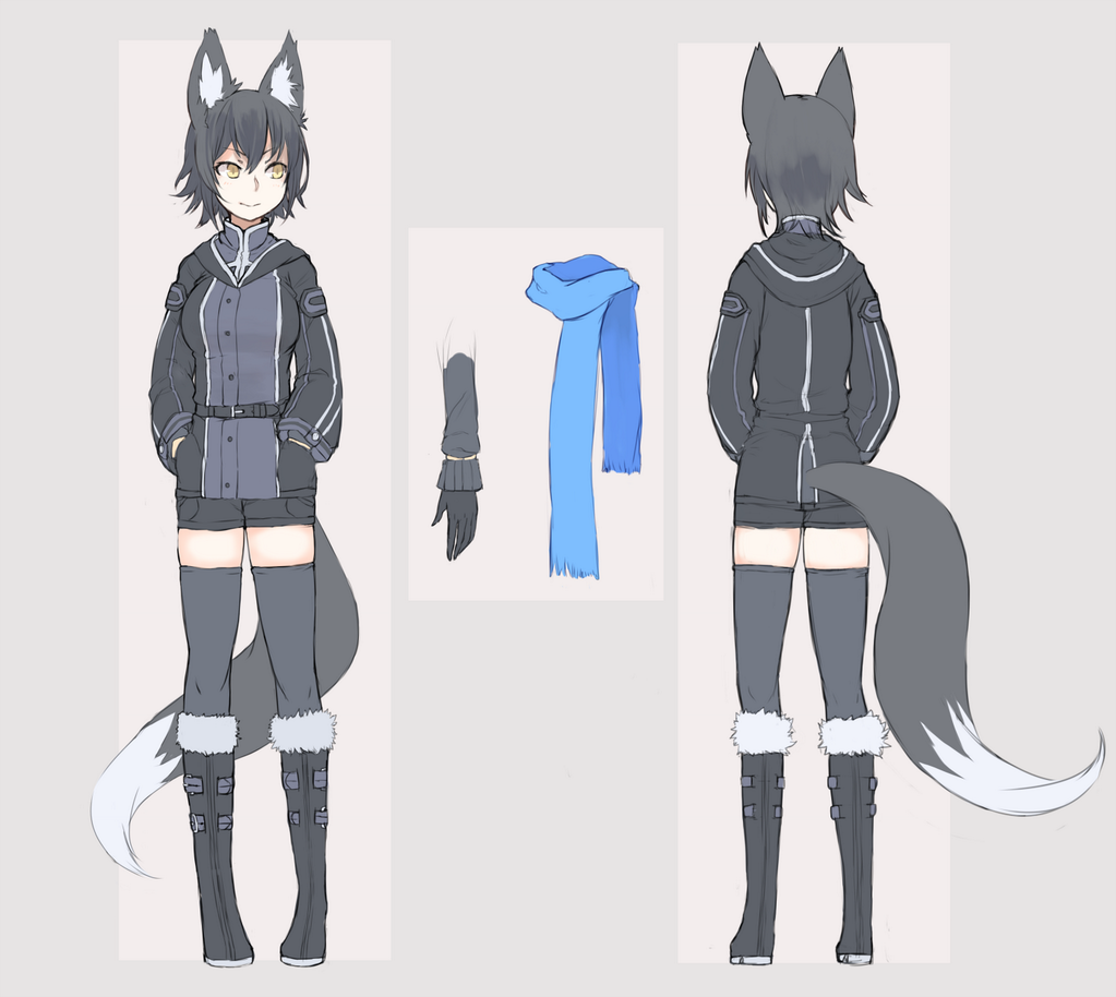 1girl animal_ears black_hair black_legwear boots breasts fox_ears fox_tail gloves hair_between_eyes hood jacket nanashi_(shirogane_usagi) original scarf shirogane_usagi short_hair shorts simple_background solo tail thigh-highs turnaround yellow_eyes zettai_ryouiki