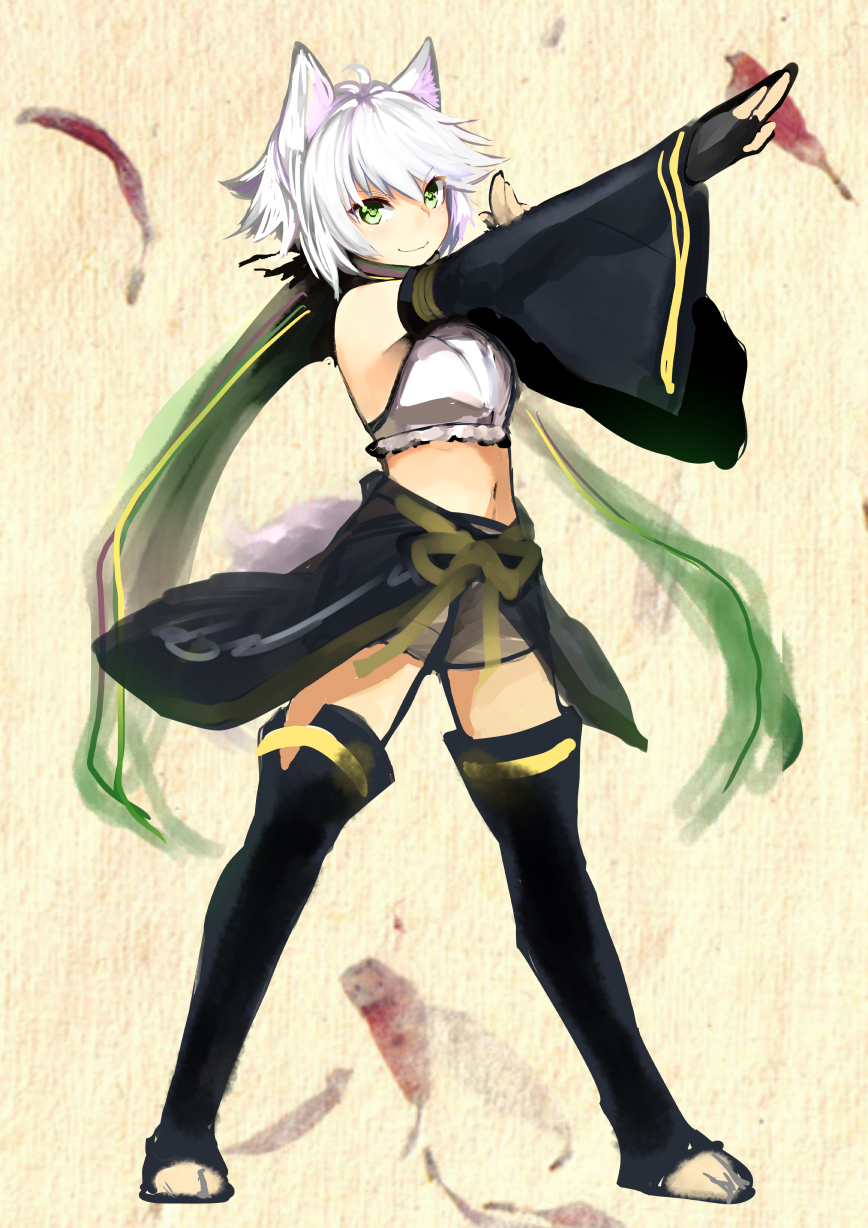 1girl animal_ears bare_shoulders boots bow detached_sleeves fox_ears fox_tail green_eyes hayami_shizuku highres looking_at_viewer naomi_(sekai_no_hate_no_kissaten) navel original outstretched_arm pose sarong scarf short_hair shorts smile solo tail thigh-highs thigh_boots white_hair wide_sleeves