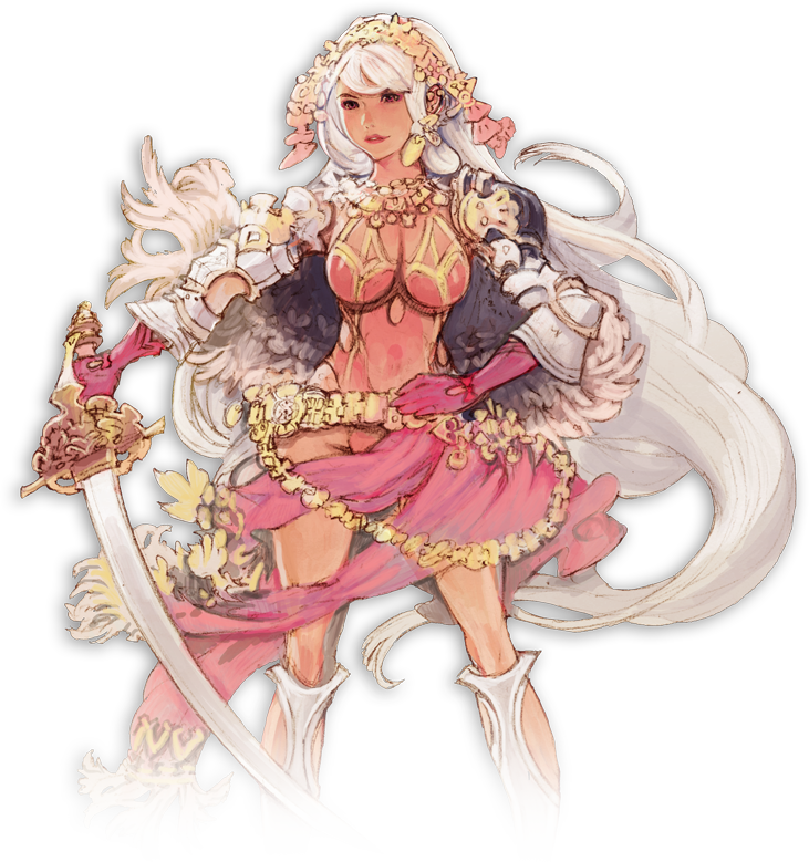 1girl armor breasts capelet cleavage earrings gloves hairband hand_on_hip holding jewelry large_breasts leotard lips long_hair minaba_hideo necklace official_art pink_eyes pink_gloves saber_(weapon) sheena_(terra_battle) solo sword terra_battle transparent_background very_long_hair weapon