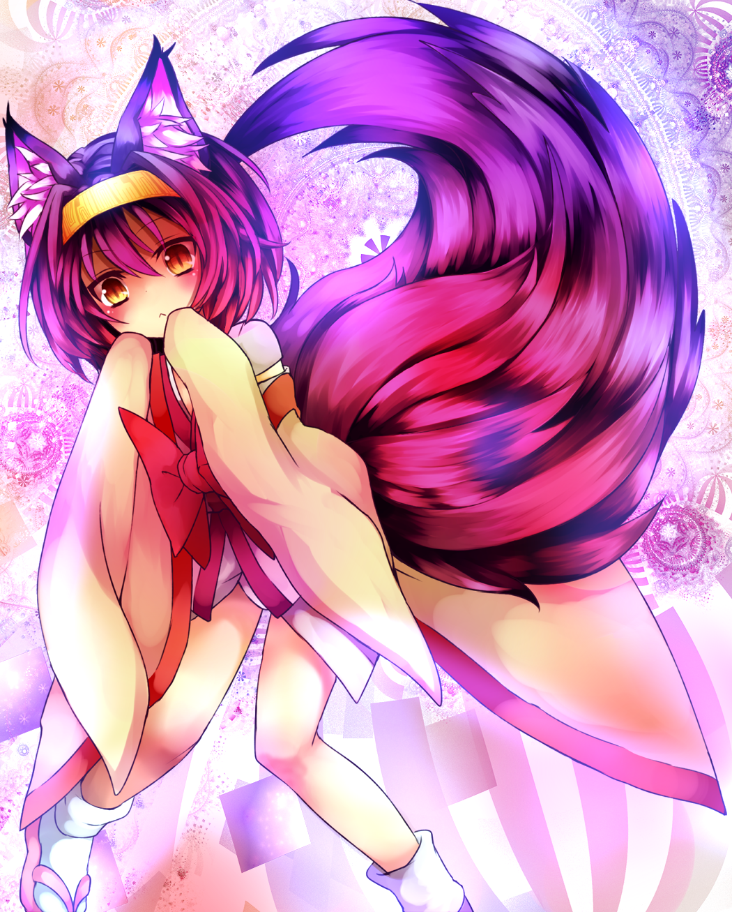 1girl :&lt; animal_ears fox_ears fox_tail hairband hatsuse_izuna highres japanese_clothes kimono no_game_no_life purple_hair sandals short_hair short_kimono slit_pupils tabi tail tsurutaro_pantsu_pantsu yellow_eyes