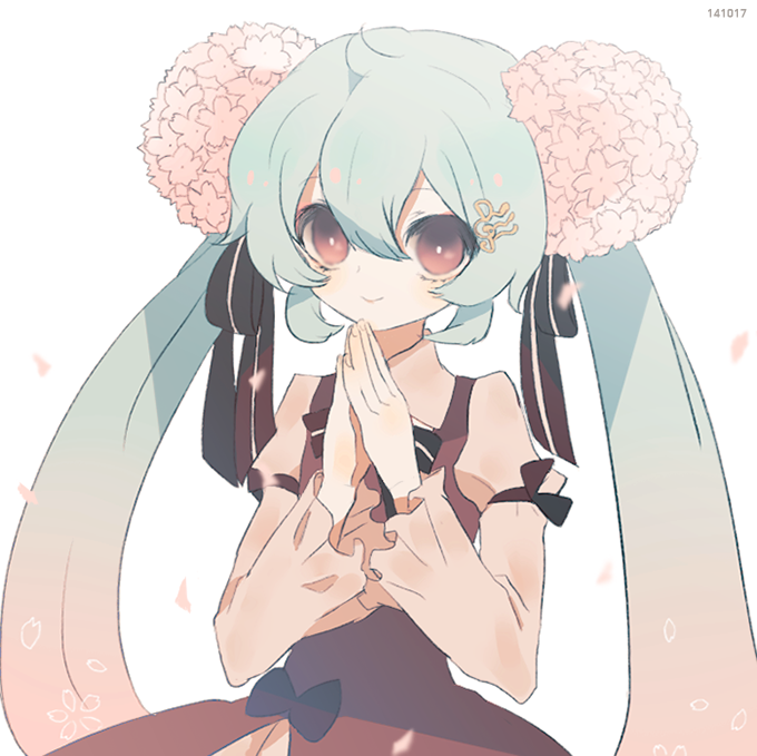 1girl 2014 brown_eyes dated flower green_hair hair_flower hair_ornament hair_ribbon hatsune_miku long_hair ribbon simple_background solo twintails vocaloid white_background yanafle