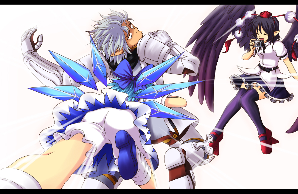 1boy 2girls armor black_hair blue_hair bow buront cirno crossover dress final_fantasy final_fantasy_xi hair_bow hair_ribbon happy ice ice_wings multiple_girls pointy_ears puffy_short_sleeves puffy_sleeves ribbon shameimaru_aya short_hair short_sleeves silver_hair the_iron_of_yin_and_yang wings