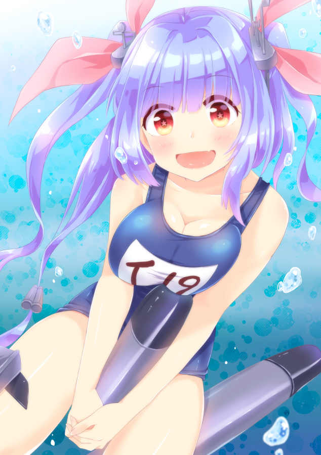 1girl :d bangs bare_legs bare_shoulders between_legs blue_hair blunt_bangs blush breasts bubble cowboy_shot hair_ornament hair_ribbon i-19_(kantai_collection) kantai_collection long_hair looking_at_viewer name_tag open_mouth pengin_guriko red_eyes ribbon school_swimsuit smile solo star star-shaped_pupils swimsuit symbol-shaped_pupils torpedo triple-tails underwater