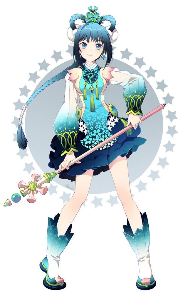 blue_eyes blue_hair boots braid earrings hair_ornament jewelry legs long_hair magical_girl nardack pixiv pixiv-tan see-through smile solo wand