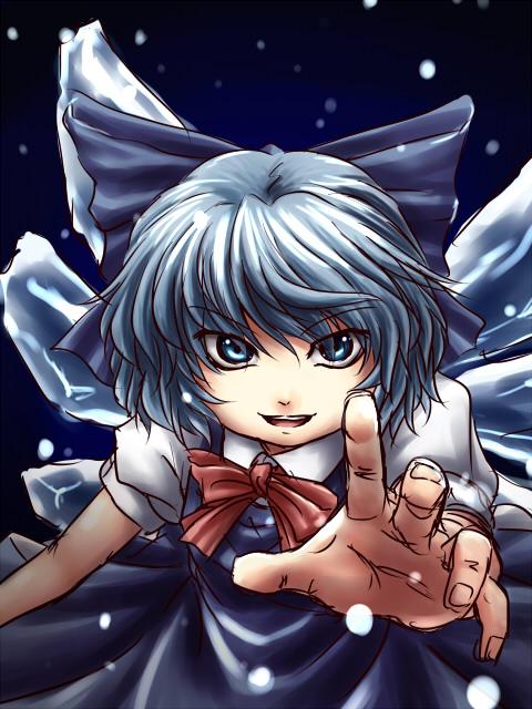 blue_eyes blue_hair bow cirno foreshortening hair_bow hands kakkou short_hair sketch touhou wings