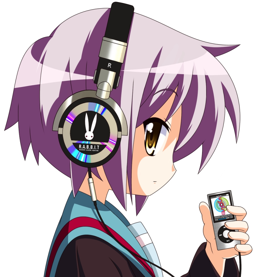 cardigan clerk_nagato cosplay digital_media_player headphones ipod lucky_star nagato_yuki nagato_yuki_(cosplay) profile purple_hair rindou_(awoshakushi) school_uniform short_hair solo suzumiya_haruhi_no_yuuutsu